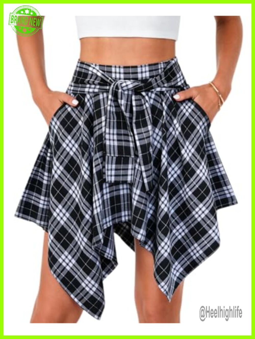 Plus Size Plaid Pleated Asymmetrical Mini Skater Skirt with Pockets